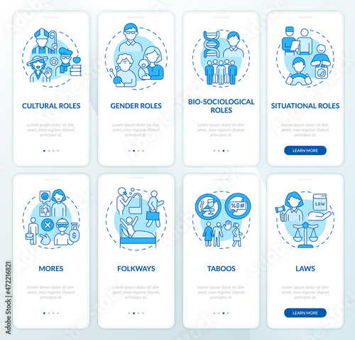 Roles and moral norms blue set onboarding mobile app page screen. Social activity walkthrough 8 steps graphic instructions with concepts. UI, UX, GUI vector template with linear color illustrations