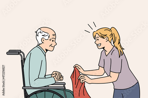 Caring female nurse cover sick old male patient sitting in wheelchair cure in hospital. Attentive caregiver help mature elderly grandfather in retirement or nursing home. Flat vector illustration.