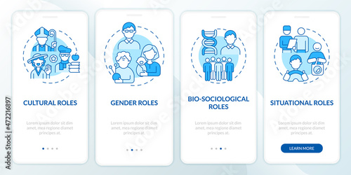 Social position blue onboarding mobile app page screen. Cultural role walkthrough 4 steps graphic instructions with concepts. UI, UX, GUI vector template with linear color illustrations
