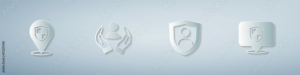 Set Location shield, Life insurance, with and . Paper art style. Vector Set Location shield, Life insurance, with and . Paper art style. Vector