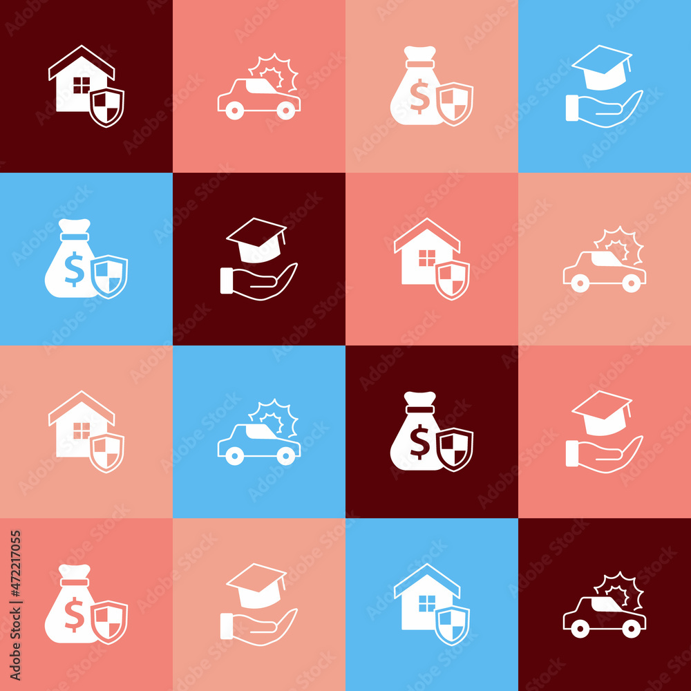 Set pop art House with shield, Car insurance, Money bag and Education grant icon. Vector Set pop art House with shield, Car insurance, Money bag and Education grant icon. Vector