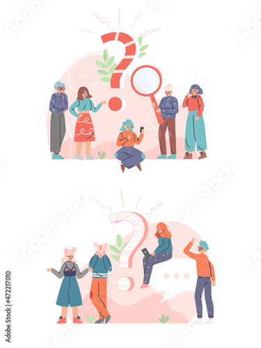Puzzled People Character Asking Question and Searching for Answer Around Interrogation Mark Vector Illustration Set