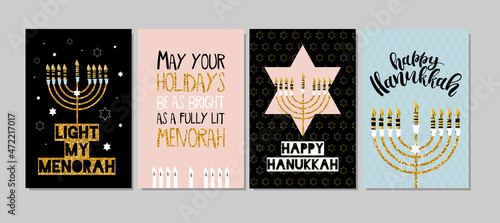 Set of Hanukkah greeting card, poster, banner template. Nine candles and wishing. Hand drawn sketch illustration.