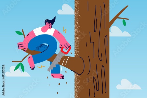 Man sit on tree saw branch risk to fall 