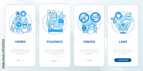 Moral norms example onboarding mobile app page screen. Social rules in community walkthrough 4 steps graphic instructions with concepts. UI, UX, GUI vector template with linear color illustrations