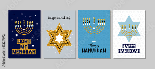 Set of Hanukkah greeting card, poster, banner template. Nine candles and wishing. Hand drawn sketch illustration.