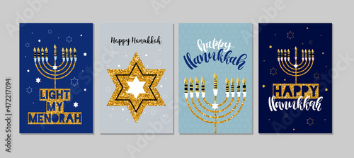 Set of Hanukkah greeting card, poster, banner template. Nine candles and wishing. Hand drawn sketch illustration.