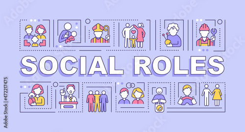 Social roles word concepts banner. People engagement, culture moral norms. Infographics with linear icons on blue background. Isolated creative typography. Vector outline color illustration with text