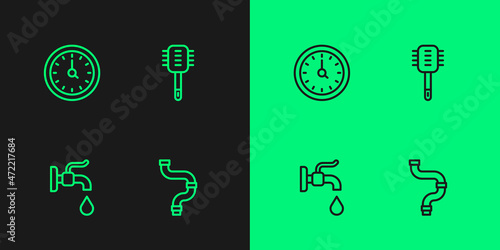 Set line Industry metallic pipe, Water tap, Clock and Toilet brush icon. Vector