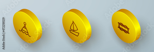 Set Isometric line Floating buoy, Yacht sailboat and Nautical rope knots icon. Vector