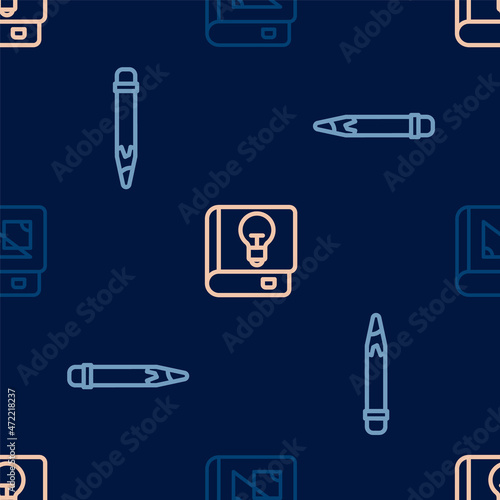 Set line Book about geometry, Pencil with eraser and User manual on seamless pattern. Vector
