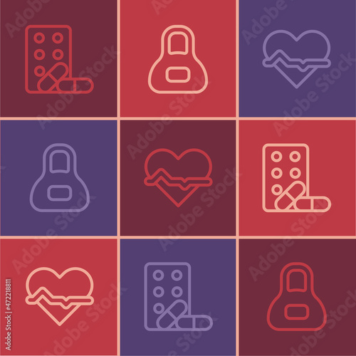 Set line Sports doping with dumbbell, Heart rate and Weight icon. Vector