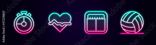 Set line Stopwatch, Heart rate, Sport mechanical scoreboard and Volleyball ball. Glowing neon icon. Vector
