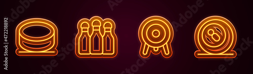 Set line Hockey puck, Bowling pin, Target sport and Billiard pool snooker ball. Glowing neon icon. Vector