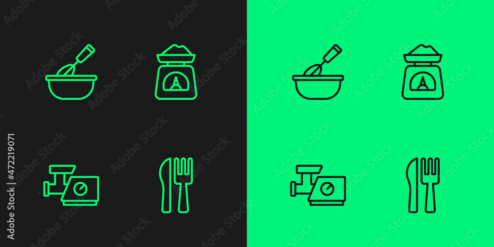 Set line Crossed knife and fork, Kitchen meat grinder, Cooking whisk with bowl and Scales icon. Vector Set line Crossed knife and fork, Kitchen meat grinder, Cooking whisk with bowl and Scales icon. Vector
