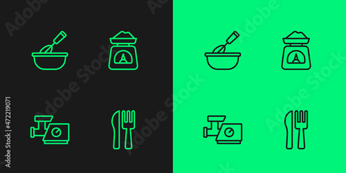 Set line Crossed knife and fork, Kitchen meat grinder, Cooking whisk with bowl and Scales icon. Vector