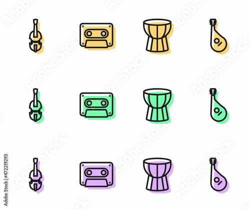 Set line African darbuka drum, Violin, Retro audio cassette tape and Bandura icon. Vector