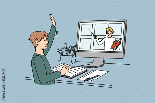 Confident boy child raise hand answer at online school class on computer at home lockdown. Motivated kid study on internet have webcam video call with teacher. Distant education. Vector illustration.