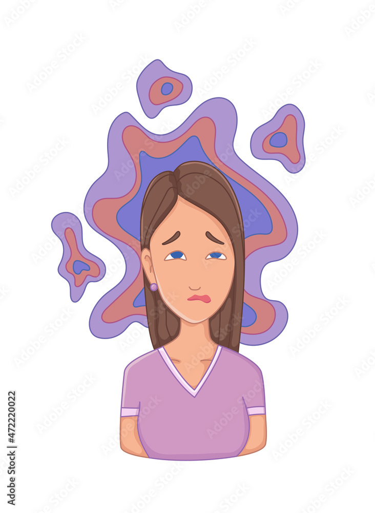 Women with stress symptom - insomnia. Emotional or mental health problem, stress. Cartoon character concept Women with stress symptom - insomnia. Emotional or mental health problem, stress. Cartoon character concept
