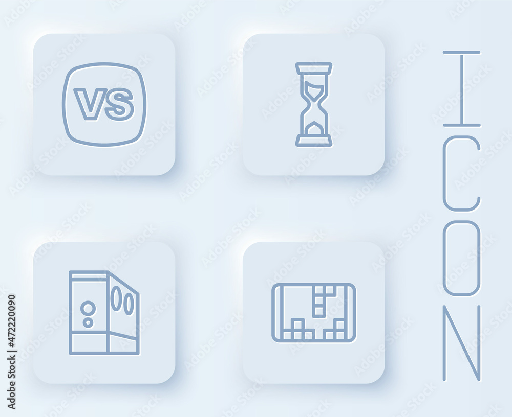 Set line VS Versus battle, Old hourglass, Case of computer and Portable video game console. White square button. Vector Set line VS Versus battle, Old hourglass, Case of computer and Portable video game console. White square button. Vector