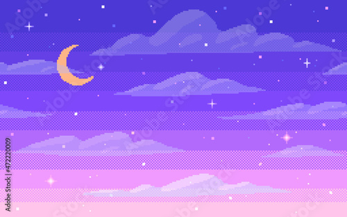 Print op canvas Pixel art starry seamless background. Night sky in 8 bit style.