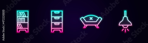 Set line Library bookshelf, Chest of drawers, Sofa and Lamp hanging. Glowing neon icon. Vector