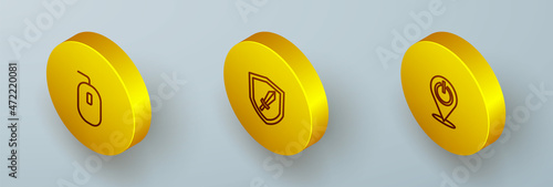 Set Isometric line Computer mouse, Sword for game and Power button icon. Vector