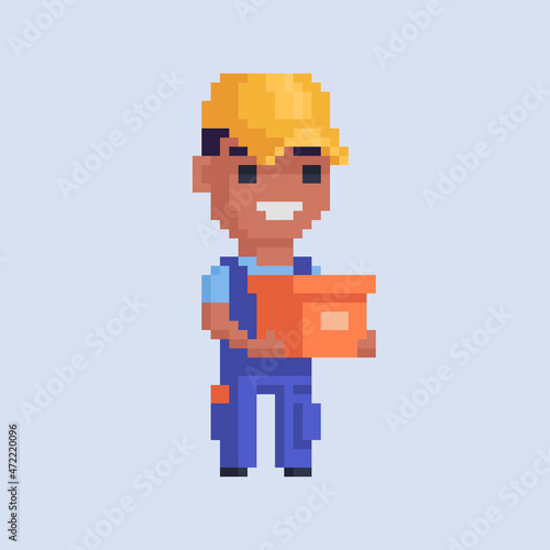 Mover delivery service worker with cardboard. Character courier in pixel art