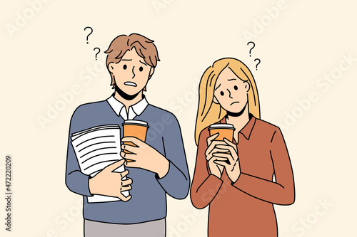 Stressed students with coffee to go and paperwork feel frustrated with exam preparation. Unhappy colleagues distressed with work deadline  prepare research. Overwork. Vector illustration.
