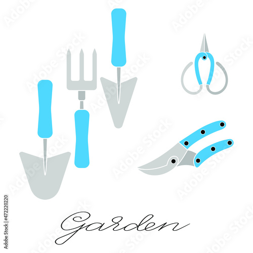 Gardening tools set of trowels, hand fork, scissors and pruners in blue colour simple minimalistic flat design icon vector illustration isolated on white background