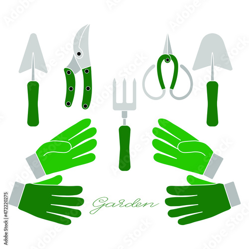 Gardening tools set of gloves, trowels, hand fork, scissors and pruners in blue colour simple minimalistic flat design icon vector illustration isolated on white background