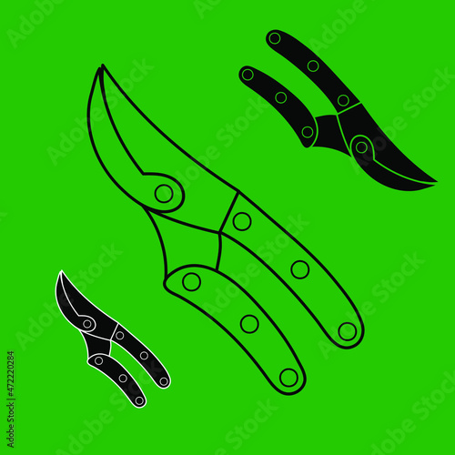Gardening tools set of three pruners in different style simple minimalistic flat design icon vector illustration isolated on green background