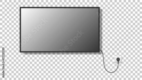 LCD panel on the wall connected with wire with plug to the socket. TV set on transparent background. Vector illustration.