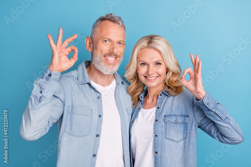 Fototapeta Photo of mature couple happy positive smile embrace show okay alright choice ad