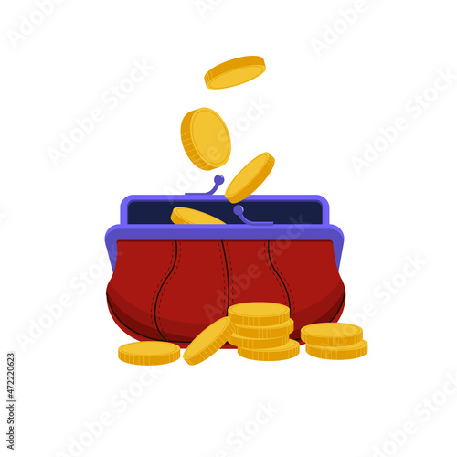 Antique red open wallet with coins falling into it. There are coins near the wallet. The wallet was full of money. Flat style. Isolated on a white background. Purchase. Icon. Vector illustration.