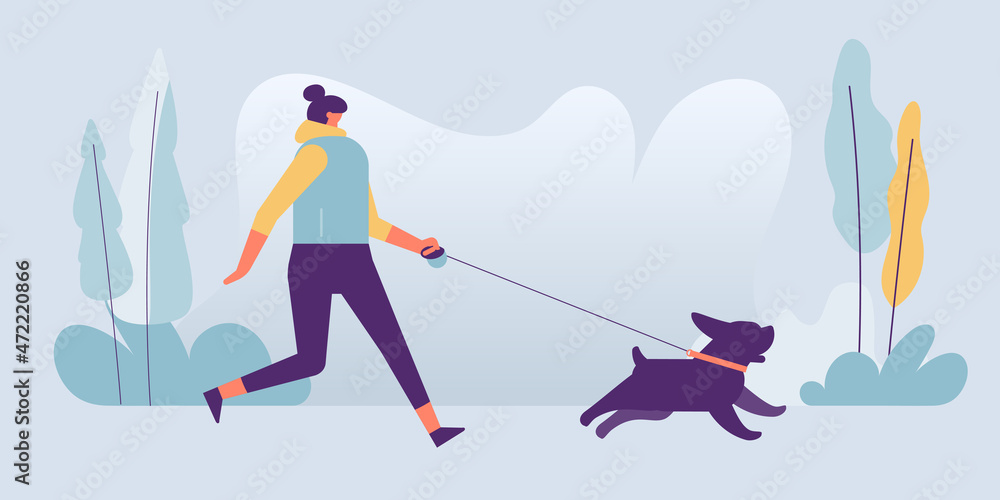 Woman walking with dog in the park. Outdoor activity concept. Vector illustration.