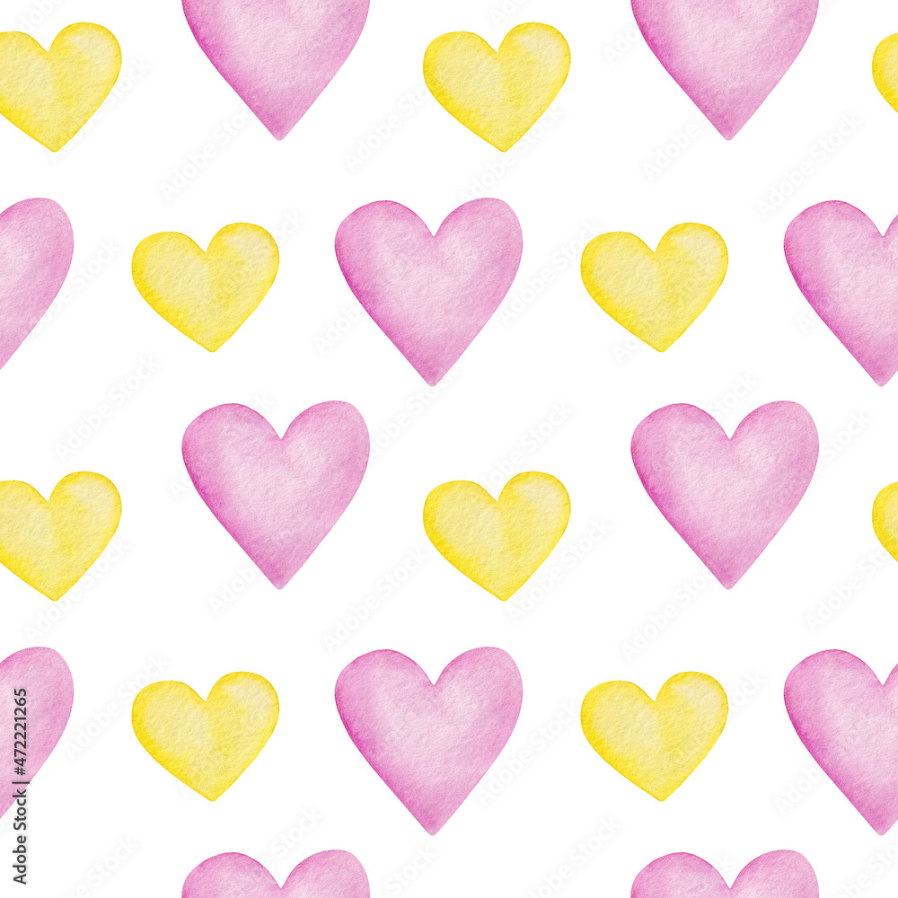 Seamless pattern with hearts drawn in watercolor technique. Background for the design of stationery, gift wrapping, cards for the wedding, Valentine's Day.