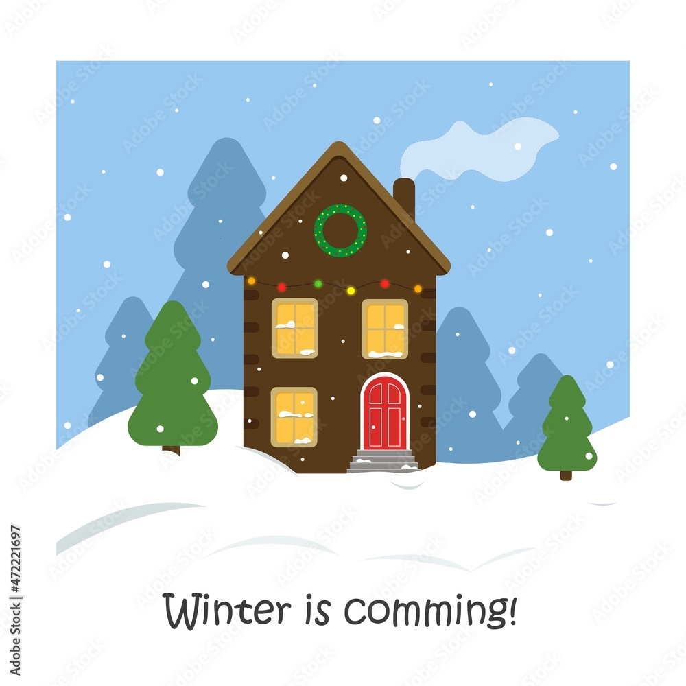Merry Christmas house. Cartoon vector illustration. New Year card. Winter is comming. Happy holidays.