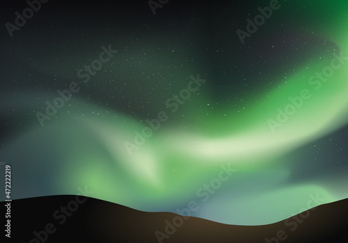 Symbole des pays du pôle nord et de la Scandinavie avec le phénomène naturel des aurores boréales, illuminant un ciel étoilé.
