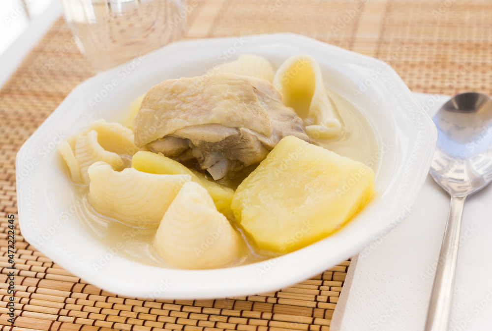 chicken broth soup with chicken, potatoes, and pasta shells chicken broth soup with chicken, potatoes, and pasta shells
