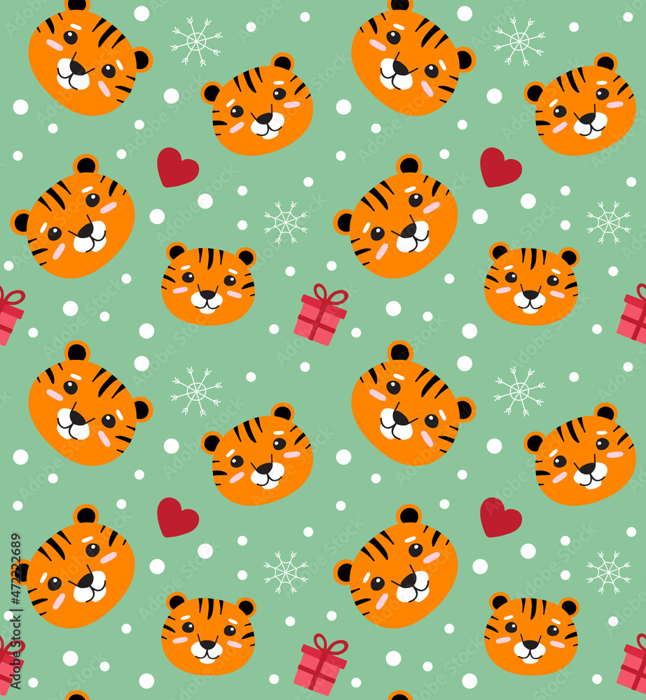 Obraz premium Vector seamless pattern of flat Christmas tiger isolated on green background