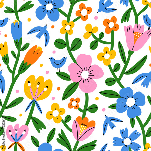 Colorful abstract flowers and birds, vector seamless pattern
