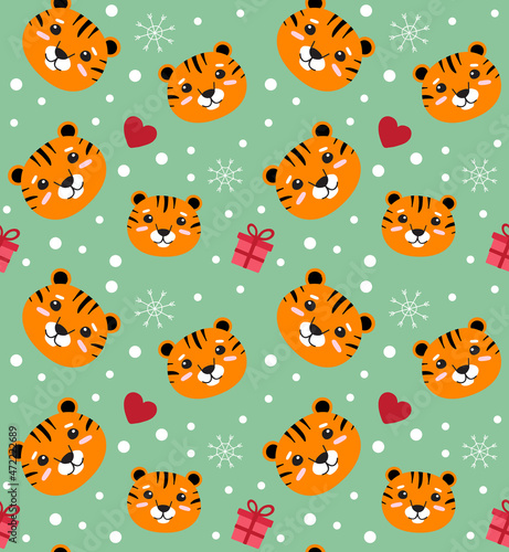 Vector seamless pattern of flat Christmas tiger isolated on green background
