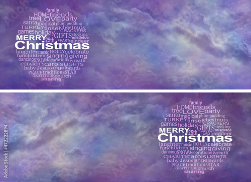 Merry Christmas Word Cloud Message Website Banner - Two wide romantic purple night sky backgrounds with an Xmas circular word cloud on one side and space for text opposite
