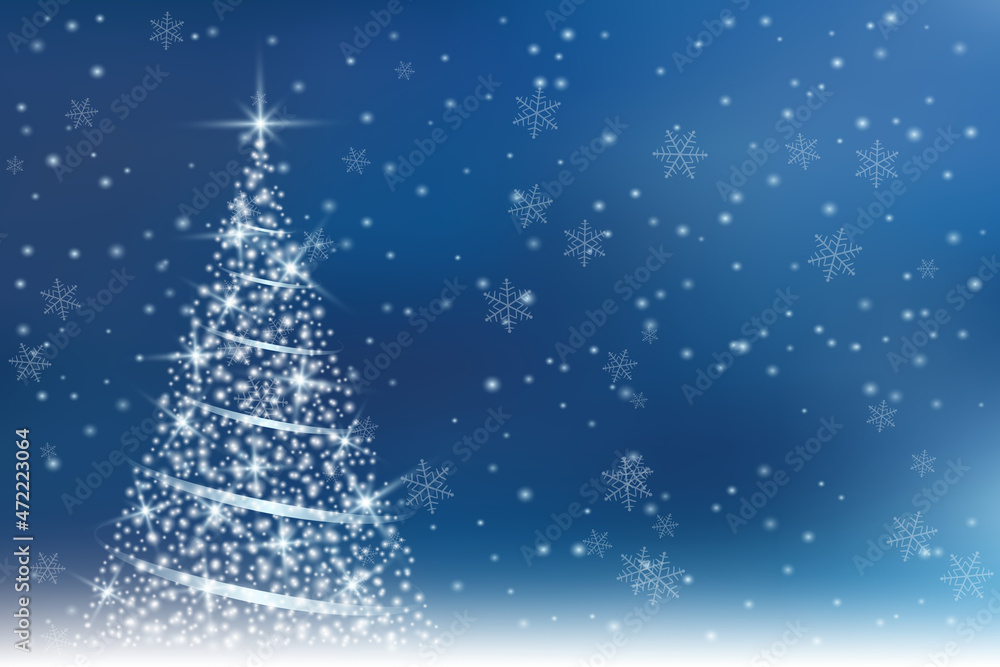 Glittering Christmas tree with snowflakes, stars and text space. Christmas and New Year background. Vector illustration. Glittering Christmas tree with snowflakes, stars and text space. Christmas and New Year background. Vector illustration.