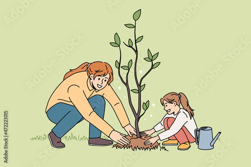 Smiling young mother and small daughter plant seedling in ground take care of environment. Happy mom and little girl child grow tree engaged in gardening activity together. Vector illustration.