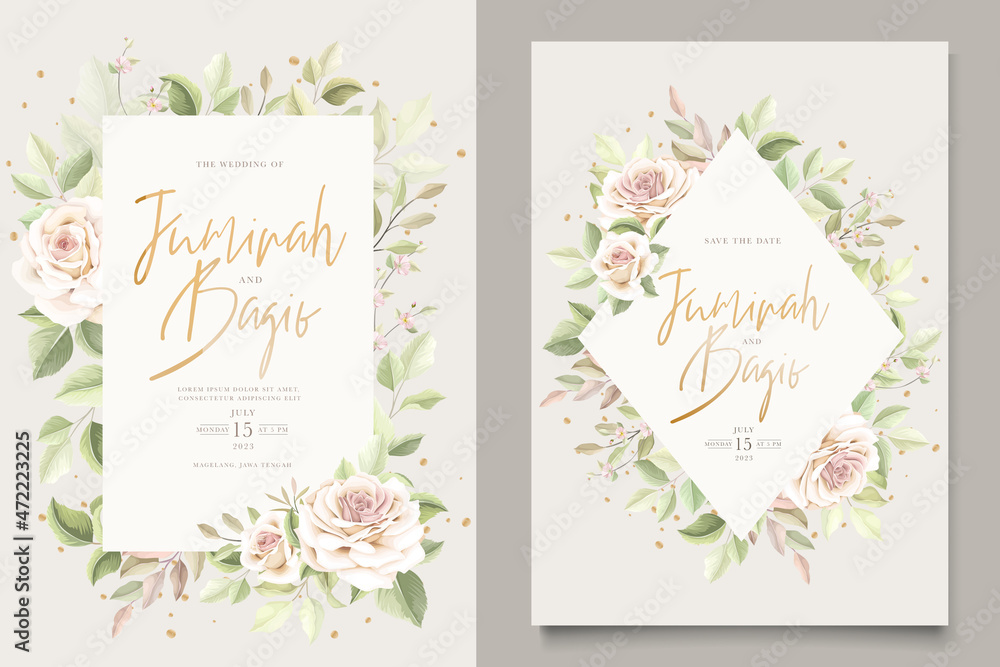 hand drawn floral roses wedding invitation card set