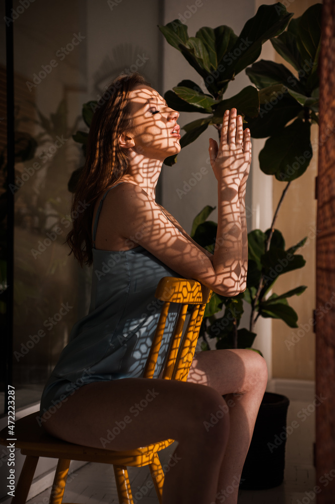 Fototapeta premium Happy young woman in sunny bath room morning