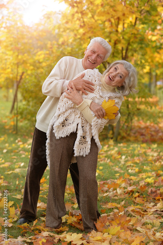 Portrait of happy mature couple posing outdoors in autumn park © aletia2011