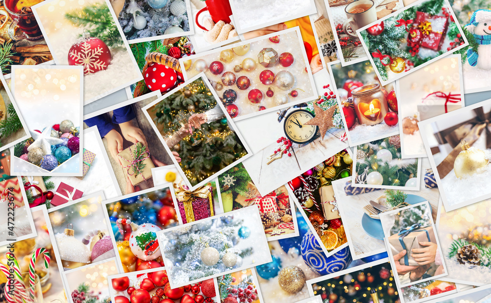 Obraz premium Collage with beautiful Christmas photos. Selective focus.